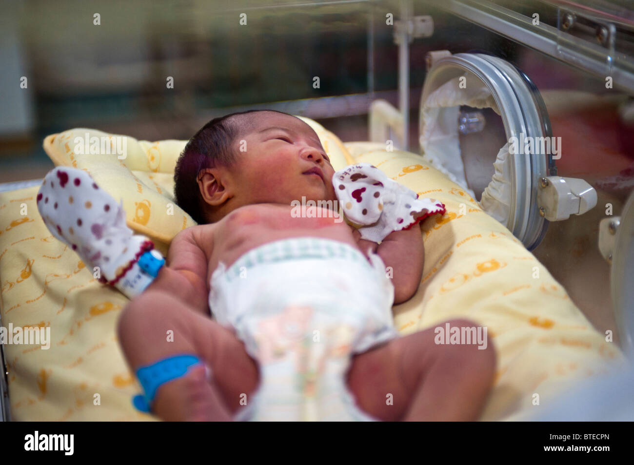 Neugeborenes Baby im Inkubator tragen Handschuhe, Nahaufnahme Stockfoto