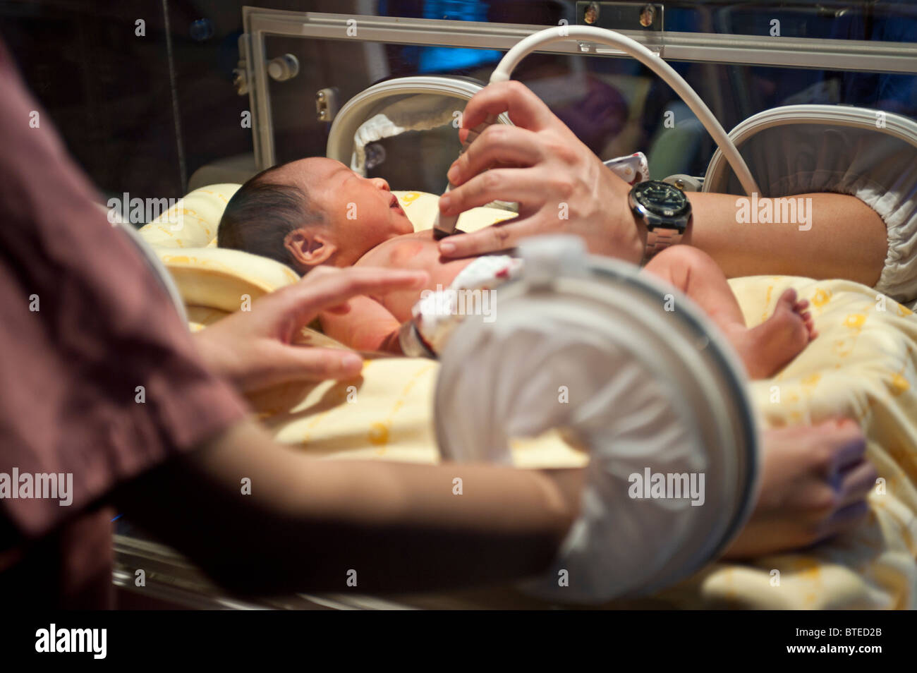 Neugeborenes Baby im Inkubator von Arzt und Krankenschwester, untersucht hautnah Stockfoto