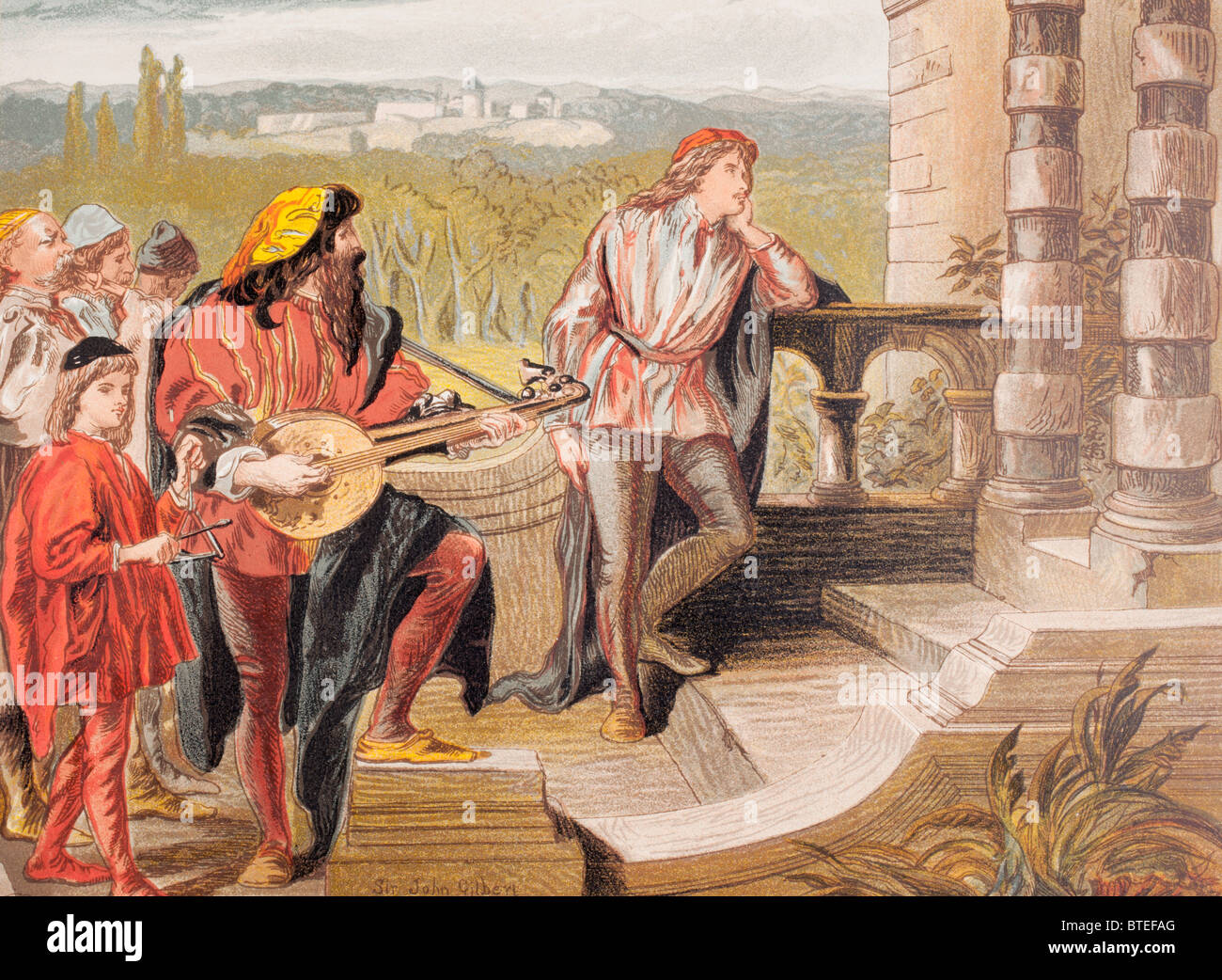 Der Musiker singt in The Two Gentlemen of Verona, Akt IV, Szene II, von William Shakespeare. "Wer ist Sylvia?" Stockfoto
