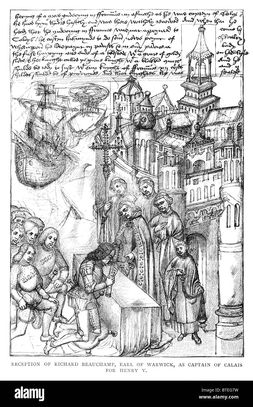 Empfang von Richard de Beauchamp, 13. Earl of Warwick als Kapitän von Calais für Heinrich V.; Schwarzweiß-Illustration; Stockfoto
