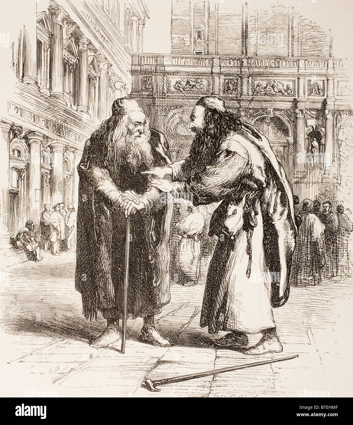 Illustration von Sr John Gilbert für den Kaufmann von Venedig von William Shakespeare. Shylock und Tubal treffen auf der Straße. Stockfoto