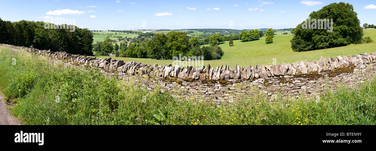Panoramablick auf eine typische Cotswold Trockenmauer auf den Hügeln über dem Dorf Guiting Power, Gloucestershire Stockfoto