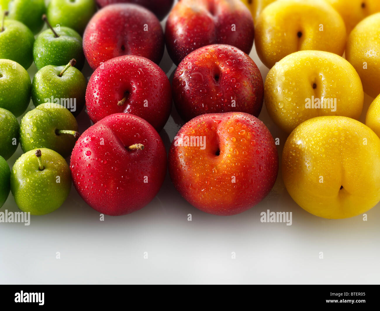 Gemischte rote, gelbe und grüne Pflaumen vor einem weißen Hintergrund Stockfoto