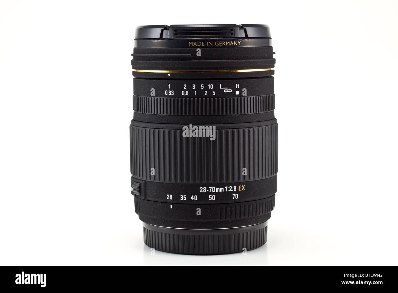 Schwarze Kameraobjektiv in weißen Hintergrund isoliert Stockfoto