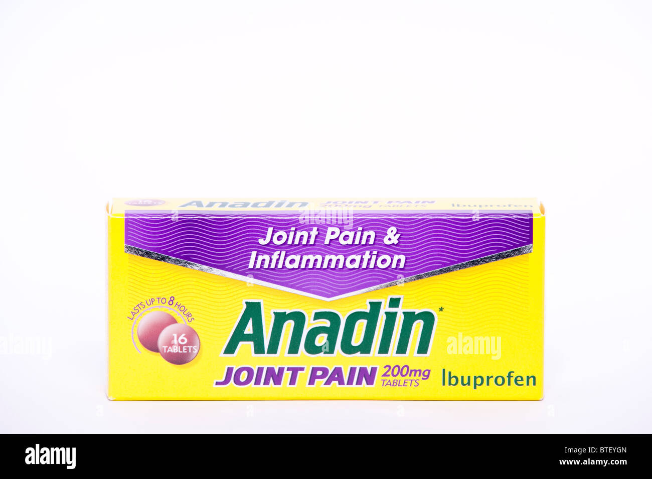Eine Nahaufnahme Foto eines Pakets wurde Gelenkschmerzen Ibuprofen 200mg Tabletten vor einem weißen Hintergrund Stockfoto