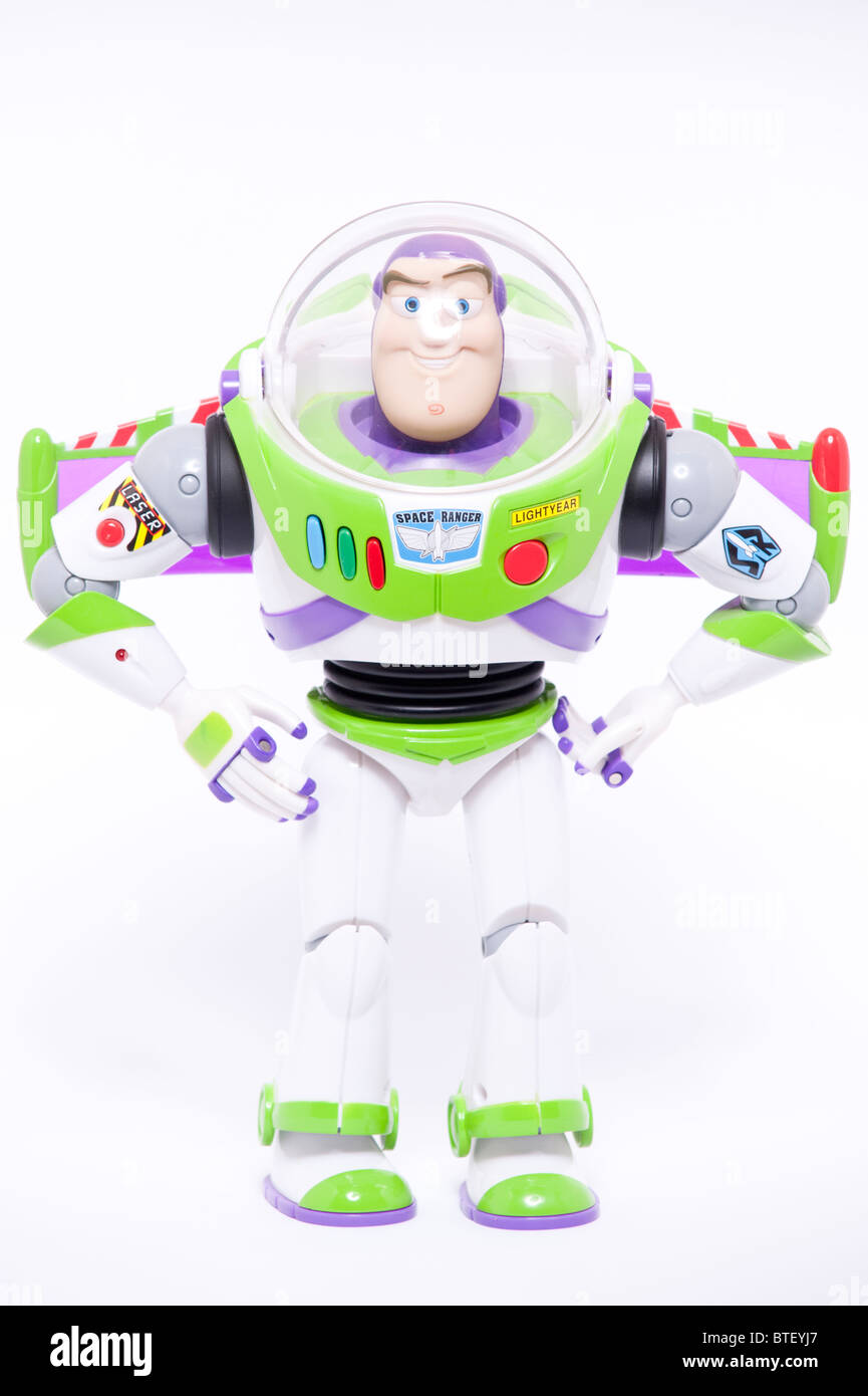 Eine Nahaufnahme Foto einer Childs Spielzeug Buzz Lightyear Figur aus den Toy Story Filmen vor einem weißen Hintergrund Stockfoto