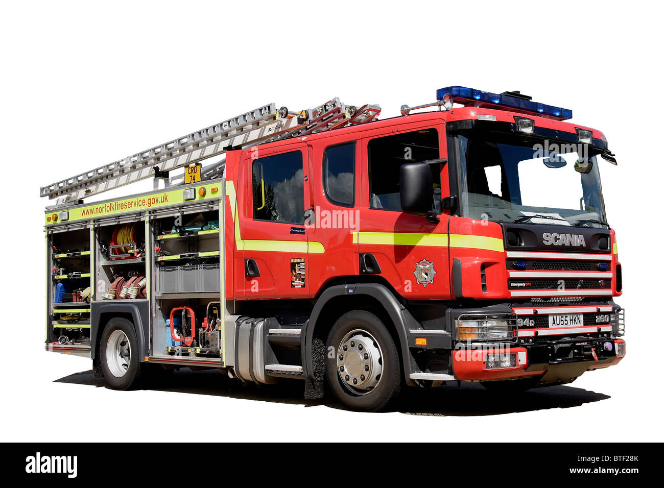 Ein Scania Rettung Pumpe von einem Notfall für Norfolk Feuer & Rettungsdienst gemacht. Dies ist eine hohe Auflösung ausgeschnitten. Stockfoto