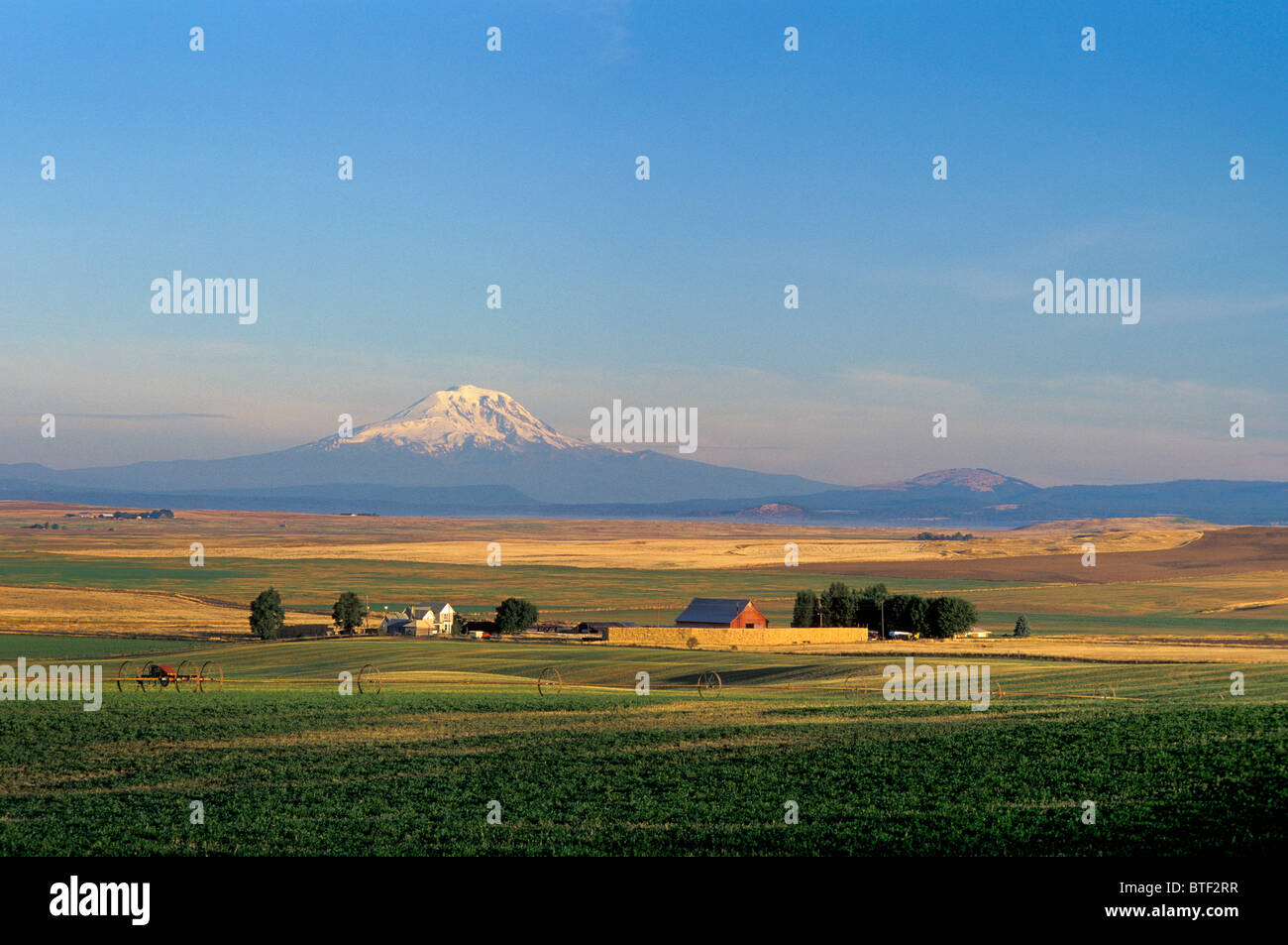 Dreifach-L Bauernhof und Mount Adams; Klickitat Valley, Washington, USA. Stockfoto