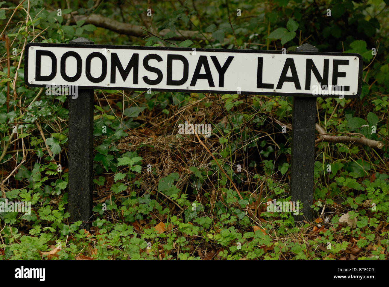 Ein Wegweiser für Doomsday Lane in der Nähe von Horsham in West Sussex, England. Stockfoto