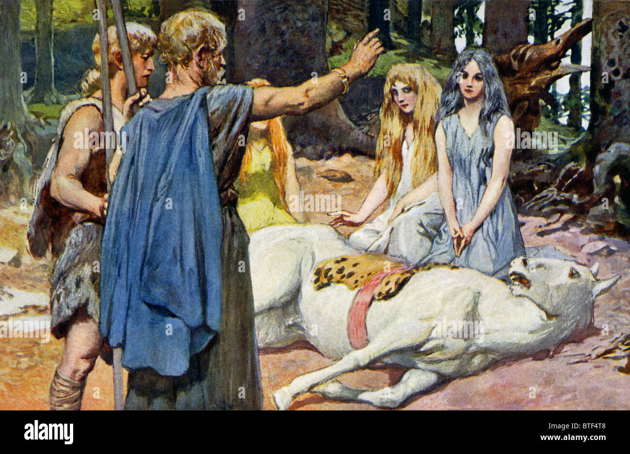 Der Himmelsgott Wodan, begleitet von Phol, rezitiert die Merseberg Beschwörung um Balders Pferd zu heilen. Stockfoto