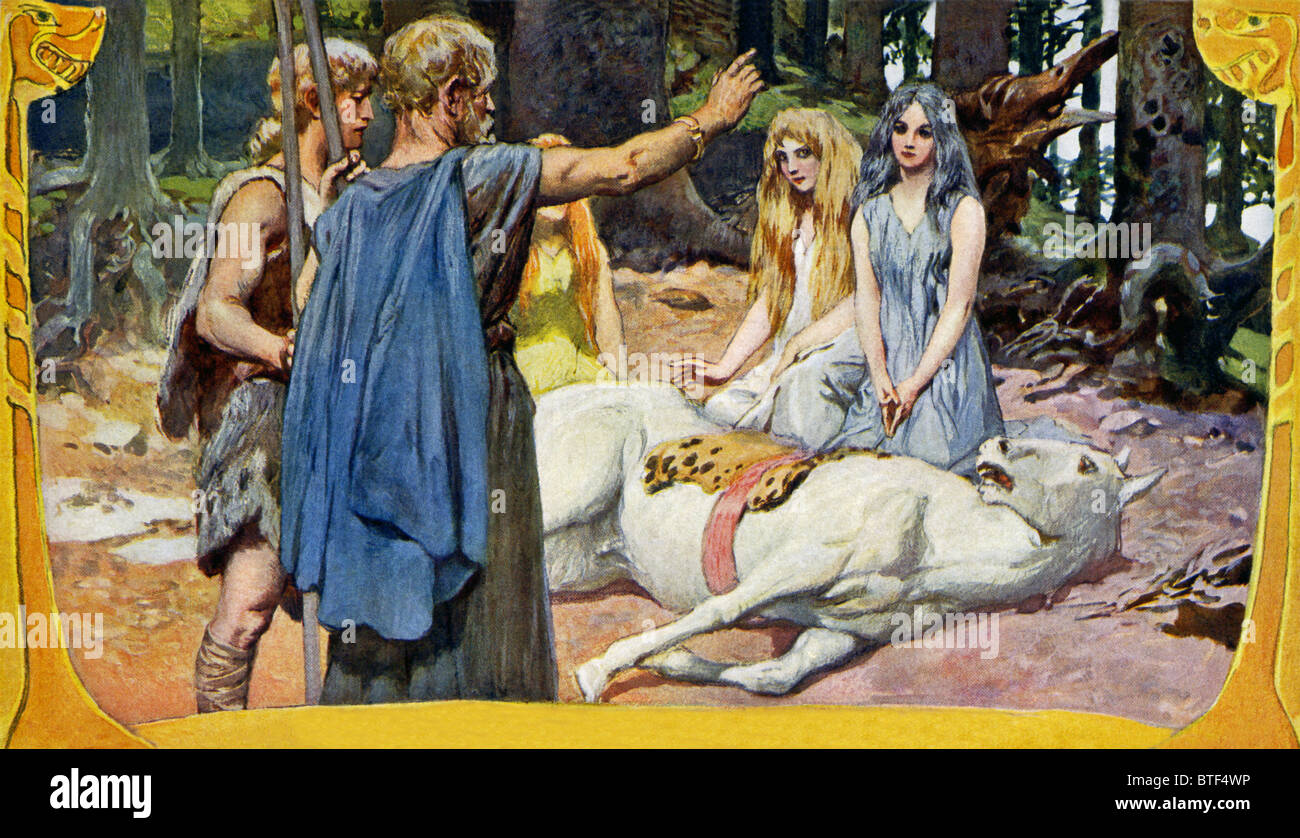 Der Himmelsgott Wodan, begleitet von Phol, rezitiert die Merseberg Beschwörung um die Ballenpresse Pferd zu heilen. Stockfoto