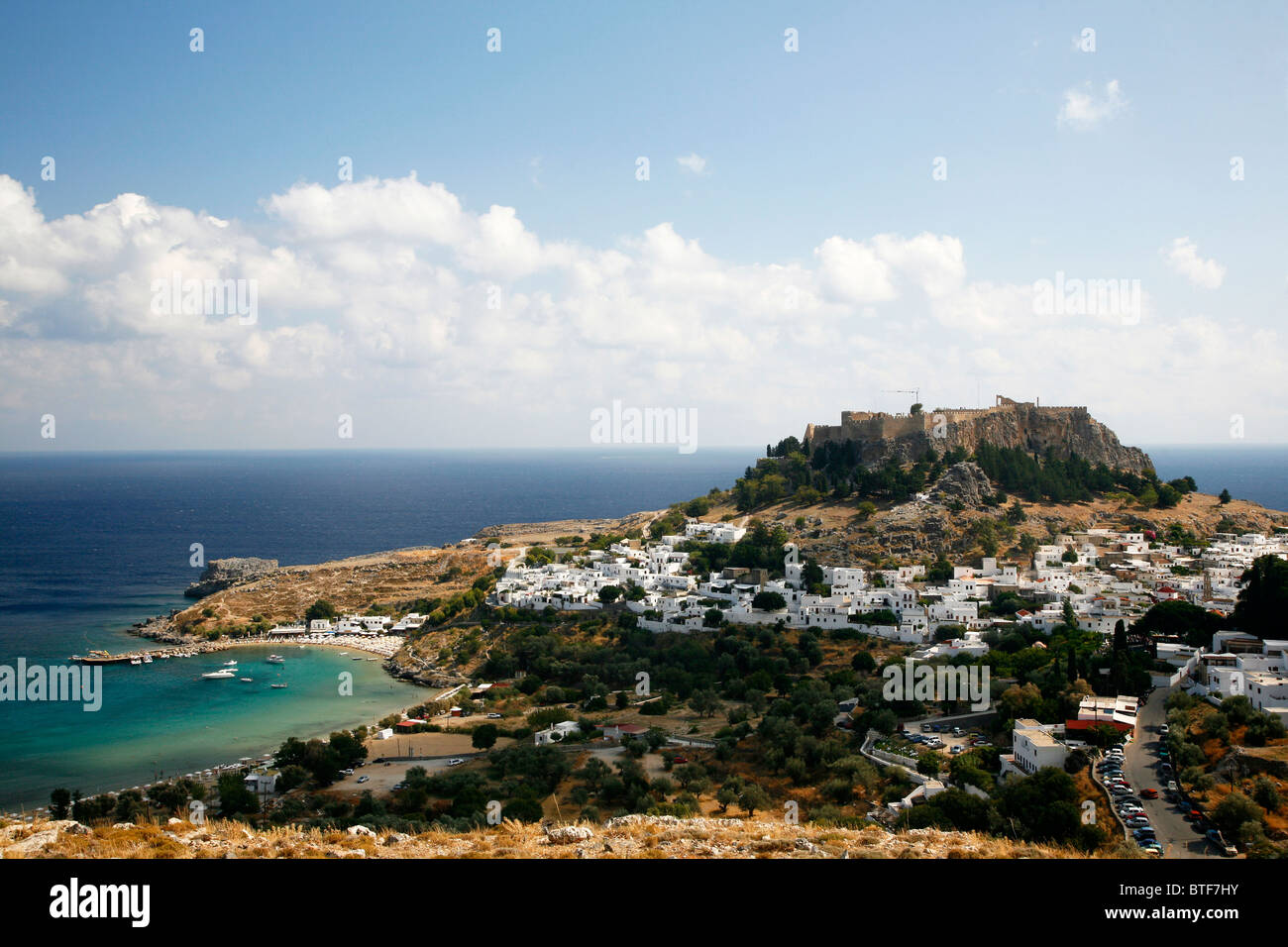 Blick über Lindos, Rhodos, Griechenland. Stockfoto