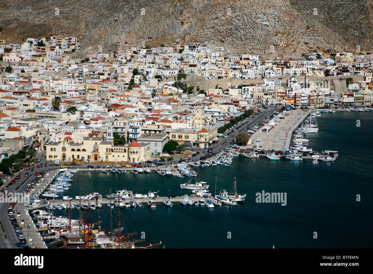 Blick über die Stadt und den Hafen Pothia, Kalymnos, Griechenland, Stockfoto