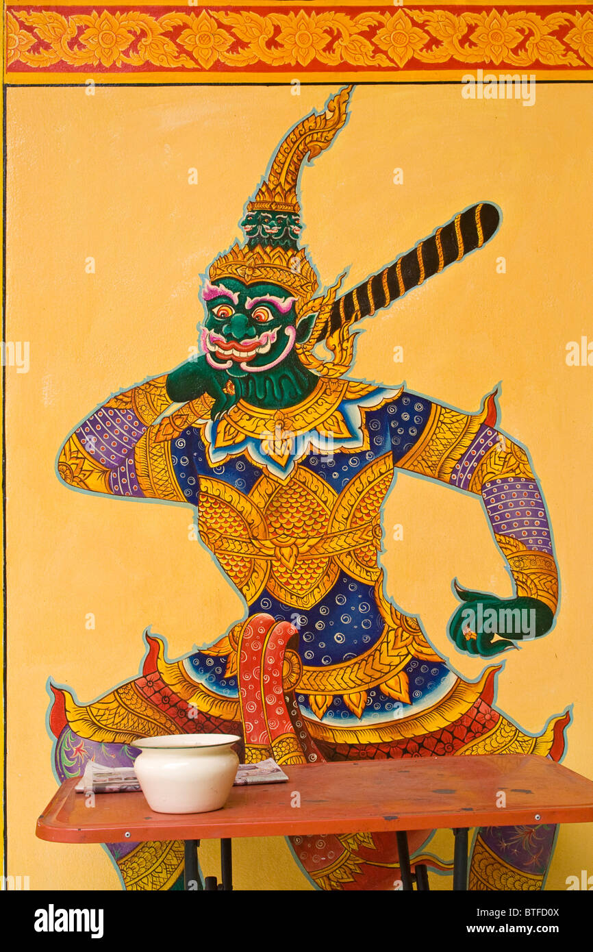 Malerei des Kriegers im Thai-Stil auf der Wand des Gebäudes. Chiang Mai, Thailand. Stockfoto