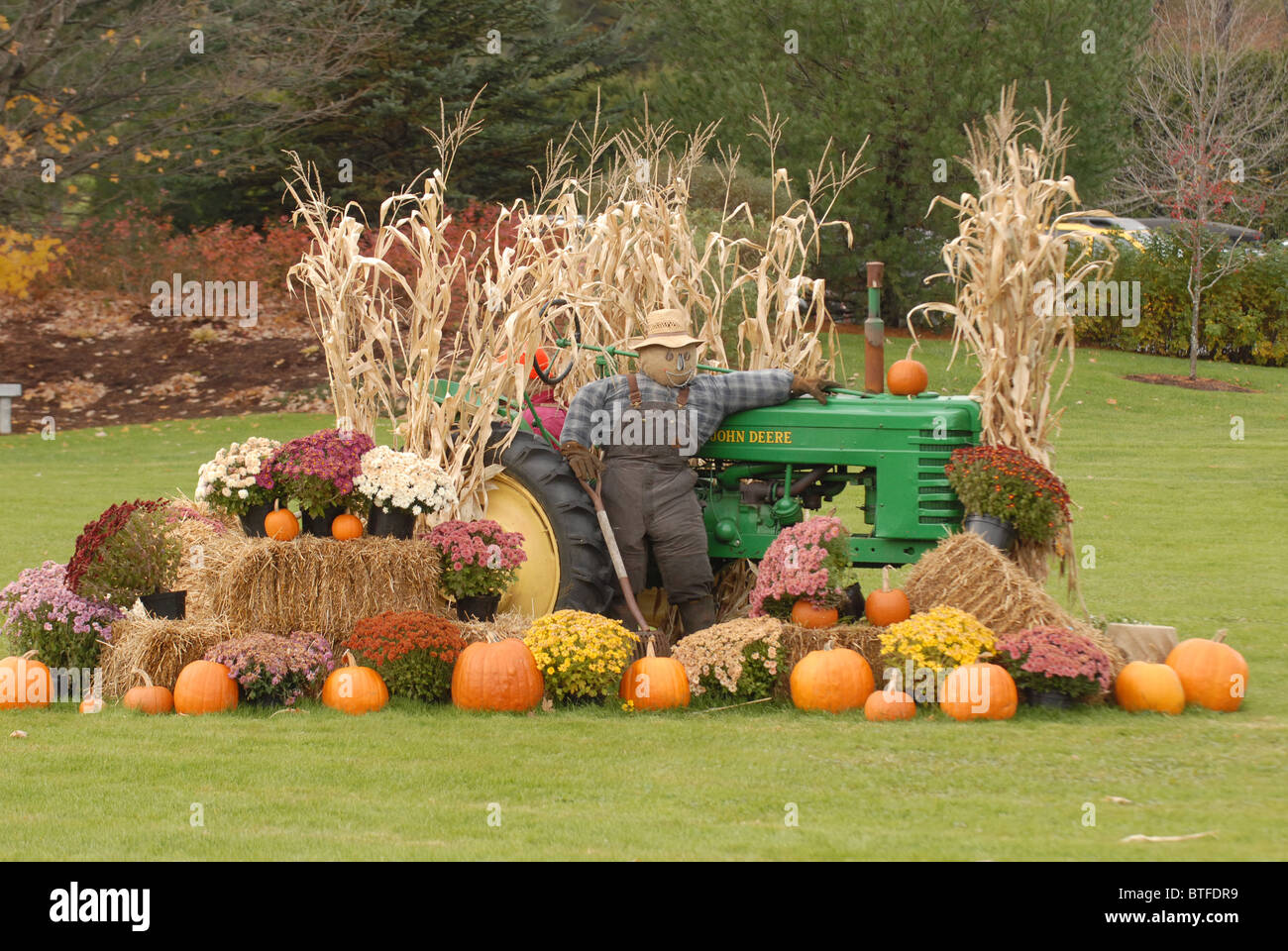 Herbst Dekorationen decken einen Traktor während Halloween in Vermont. Stockfoto