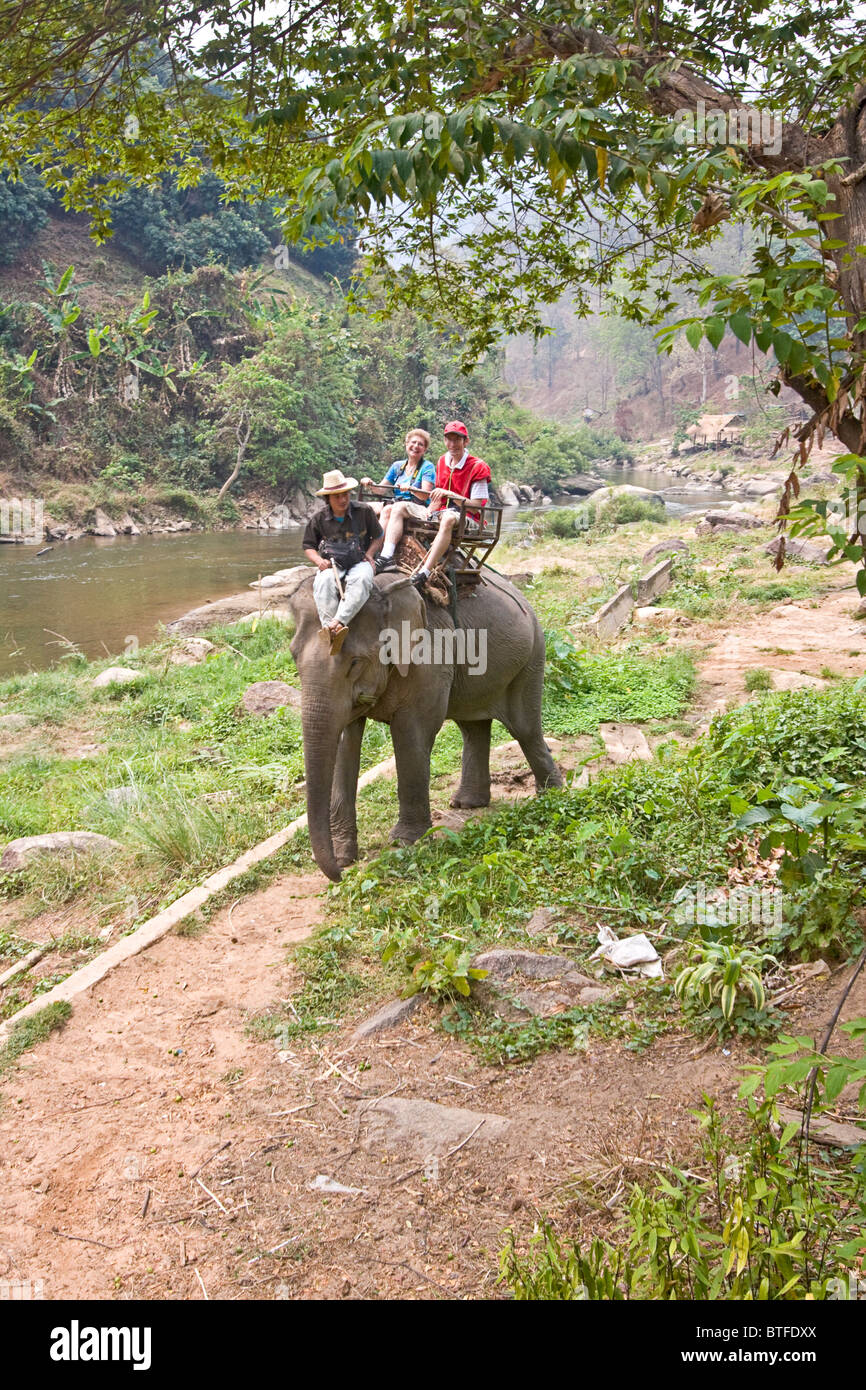 Touristischen Elefantenritt, einer der vielen touristischen Aktivitäten in und entlang dem Mae Taeng Fluss in Chiang Mai Gegend von Nord-Thailand Stockfoto
