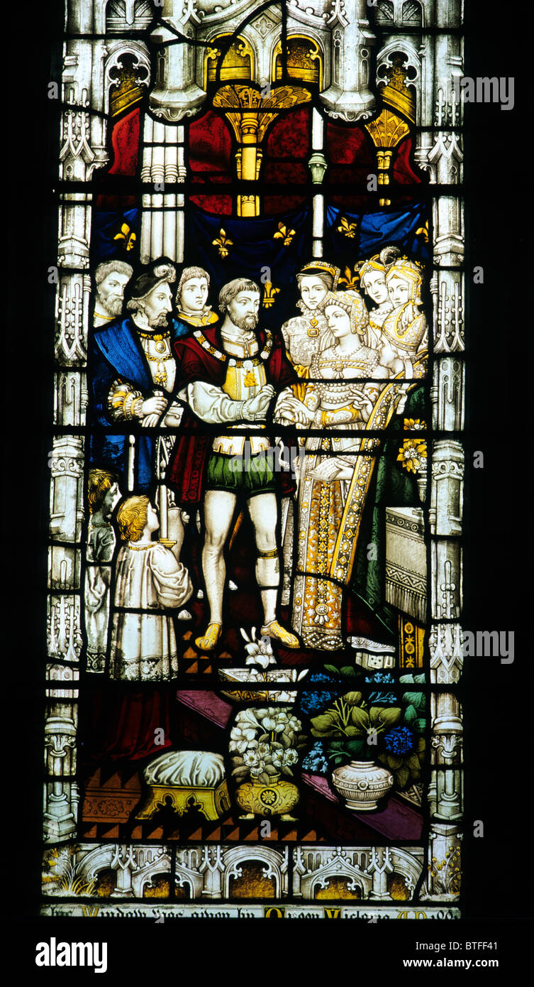 Bury St. Edmunds Cathedral Glasmalerei, Ehe von Mary Tudor, Schwester von König Henry 8., Großmutter von Lady Jane Grey Stockfoto