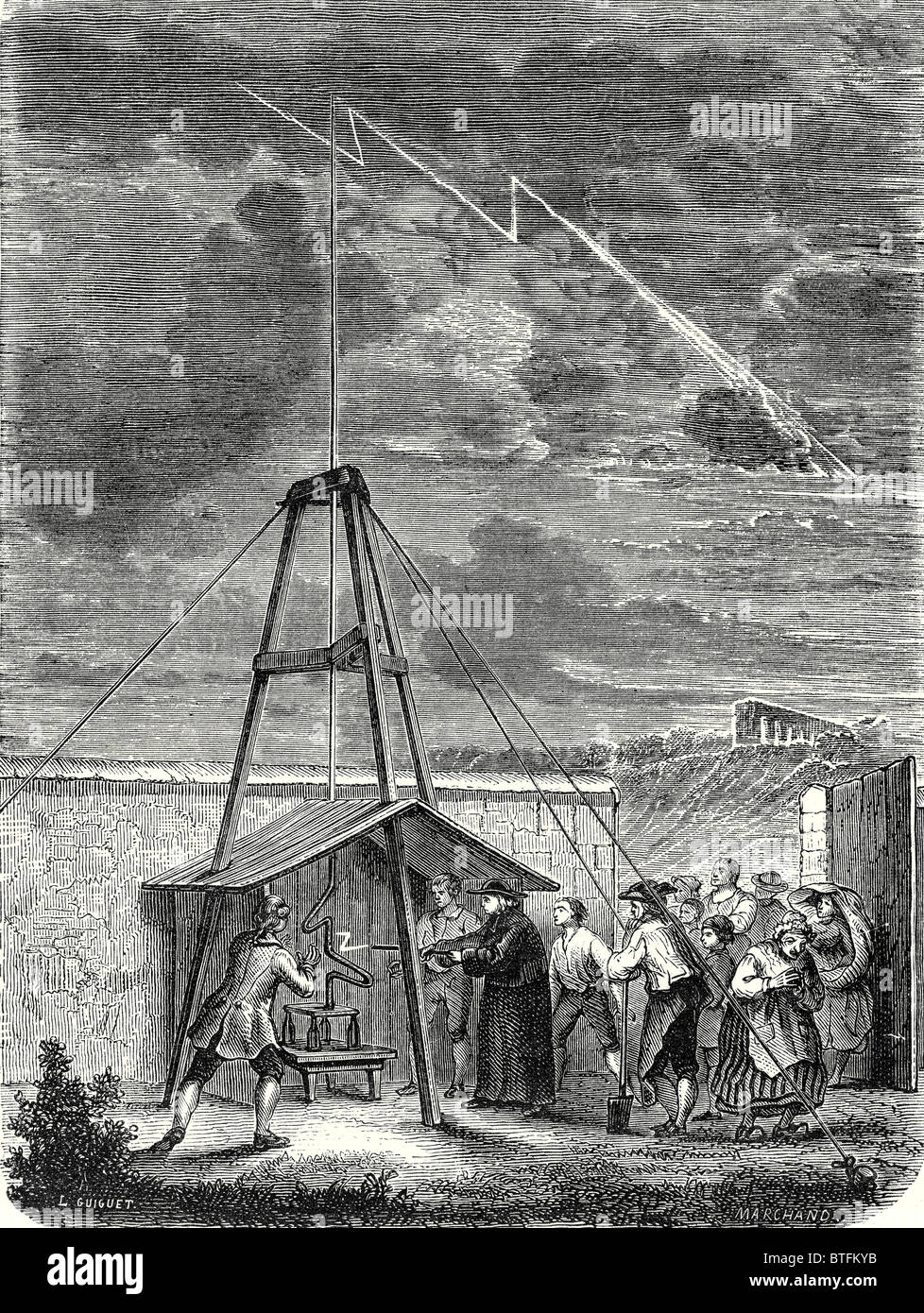 Dalibard des wissenschaftlichen Experiment durchgeführt, in Marly, 10. Mai 1752. Erste Demonstration der Anwesenheit von Elektrizität in Stockfoto