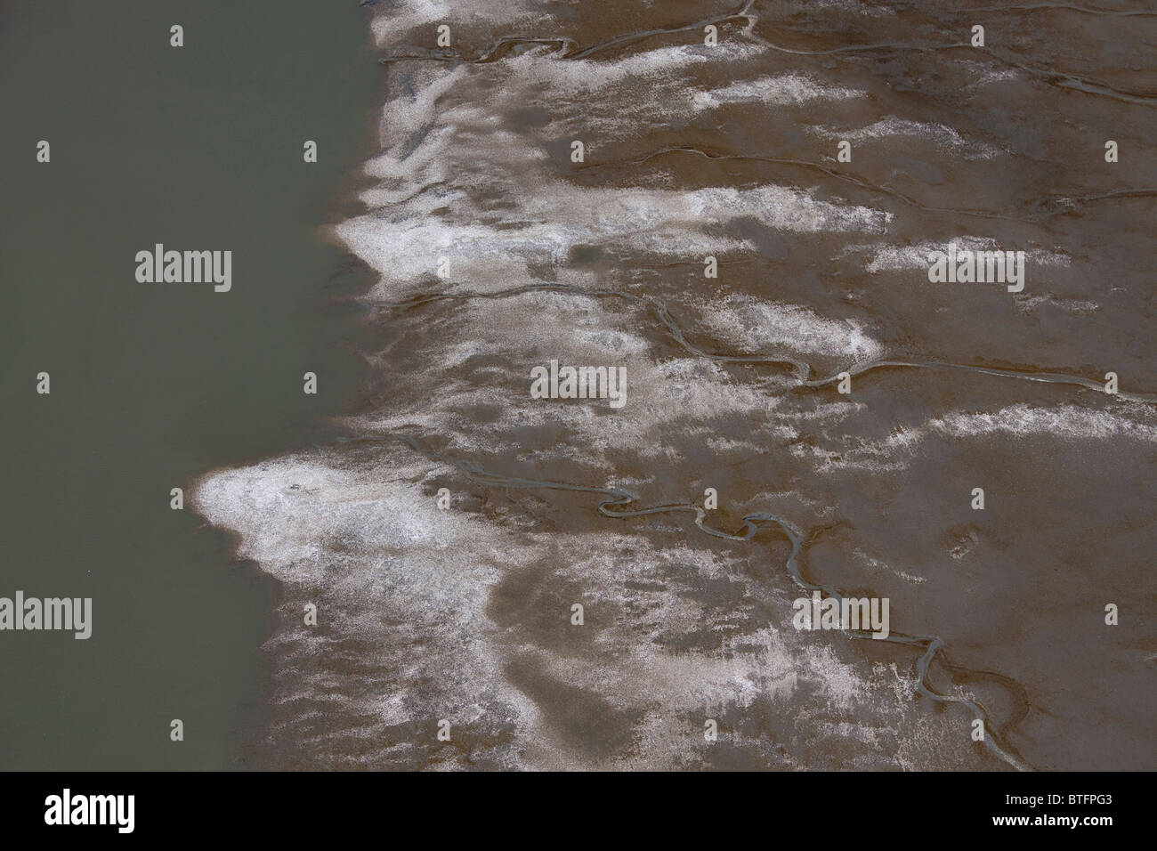 Luftaufnahme der Miesmuschelbänke in der Schleswig-Holstein-Nationalpark Wattenmeer, Schleswig-Holstein, Deutschland. Stockfoto