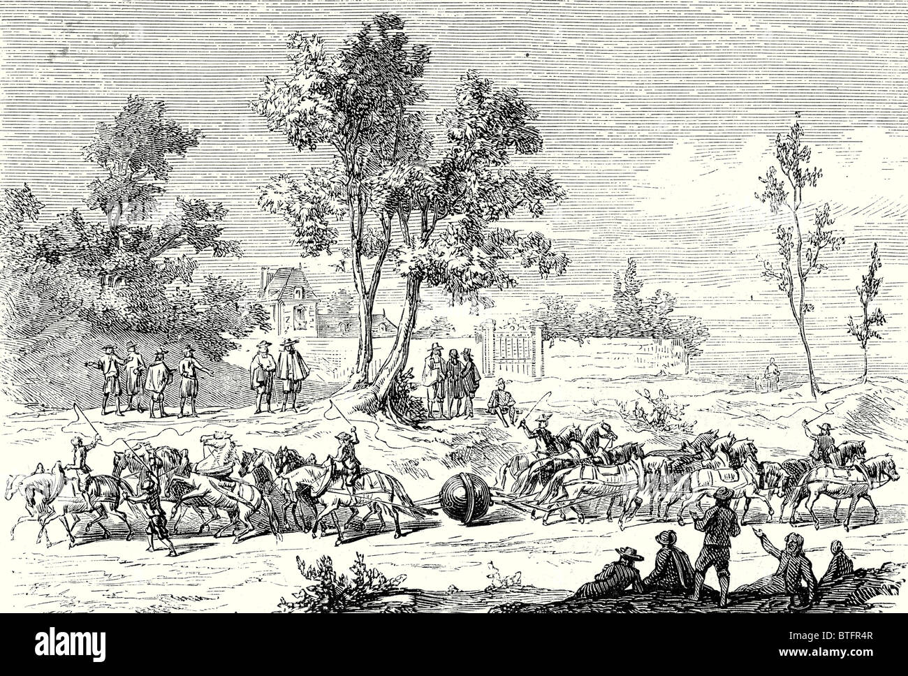 Otto-von-Guericke führt das Experiment der Magdeburger Halbkugeln mit 24 Pferde Stockfoto