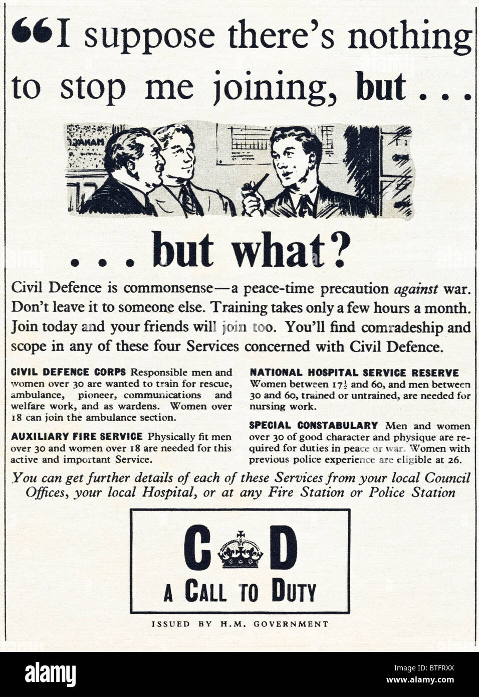 Klassische H.M. Gouvernement Anzeige für Volontäre der Zivilverteidigung in englischer Zeitschrift um 1950 Stockfoto