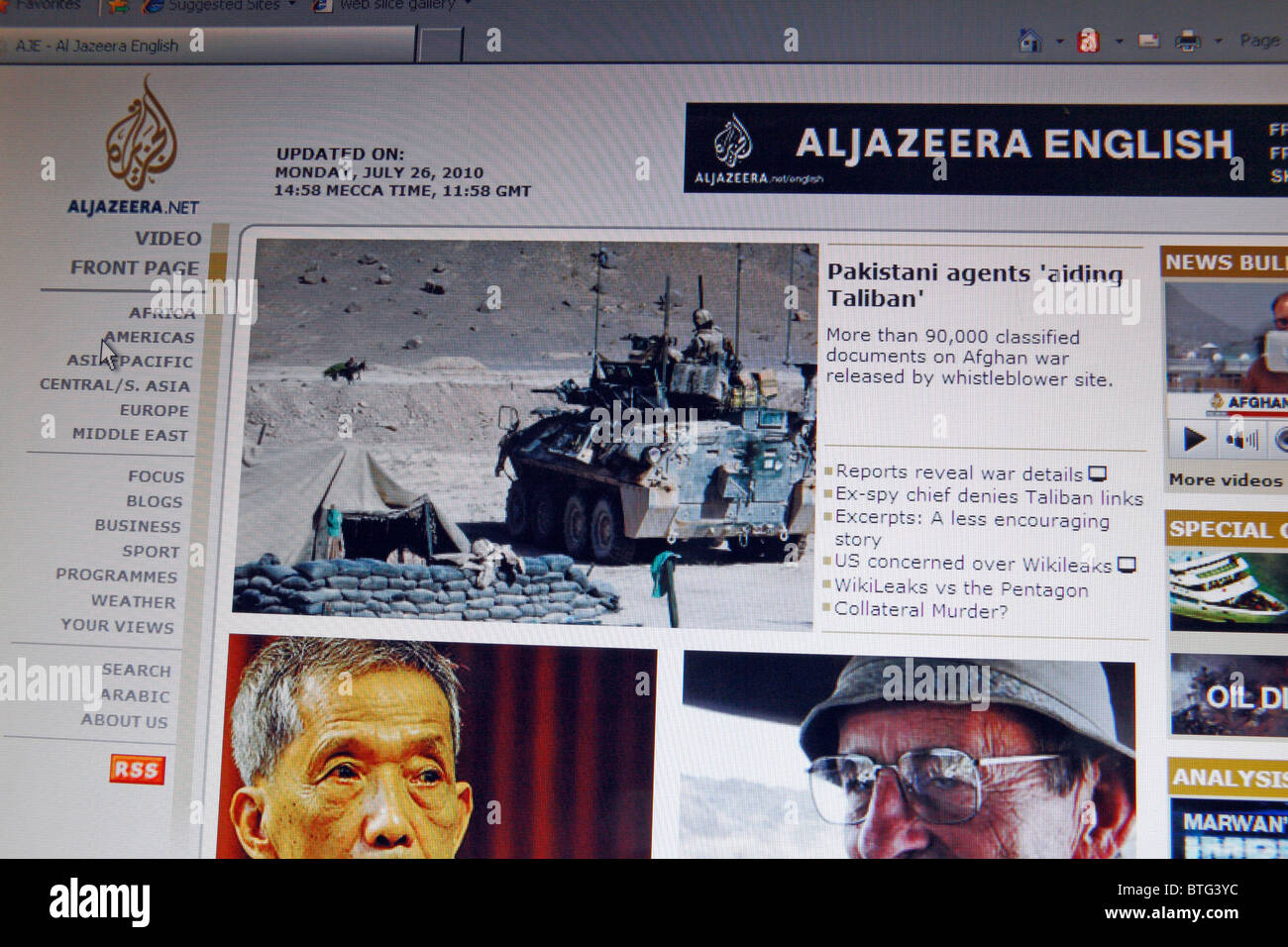 Screenshot der Website der Al Jezeera Nachrichtenorganisation, aljazeera.net, englische Ausgabe. Juli 2010 Stockfoto