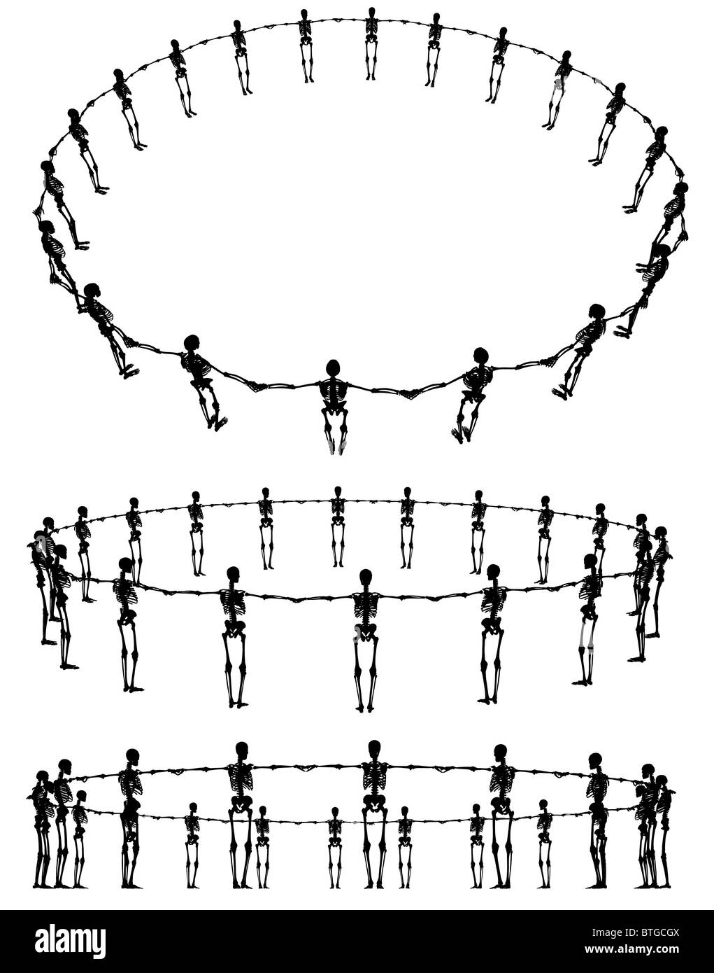 Illustrierten Silhouetten von Skeletten stehen in einem Ring aus drei verschiedenen Blickwinkeln Stockfoto
