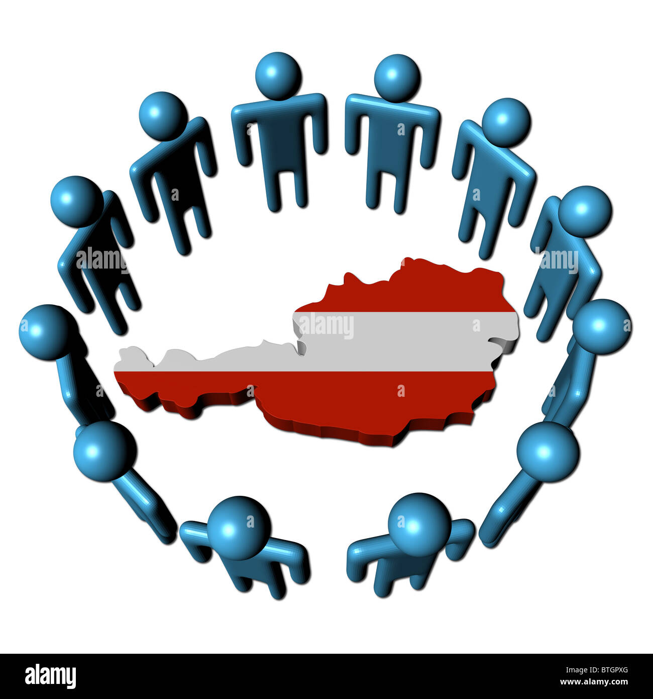 Kreis von abstrakten Menschen rund um Österreich Karte Flagge Abbildung Stockfoto