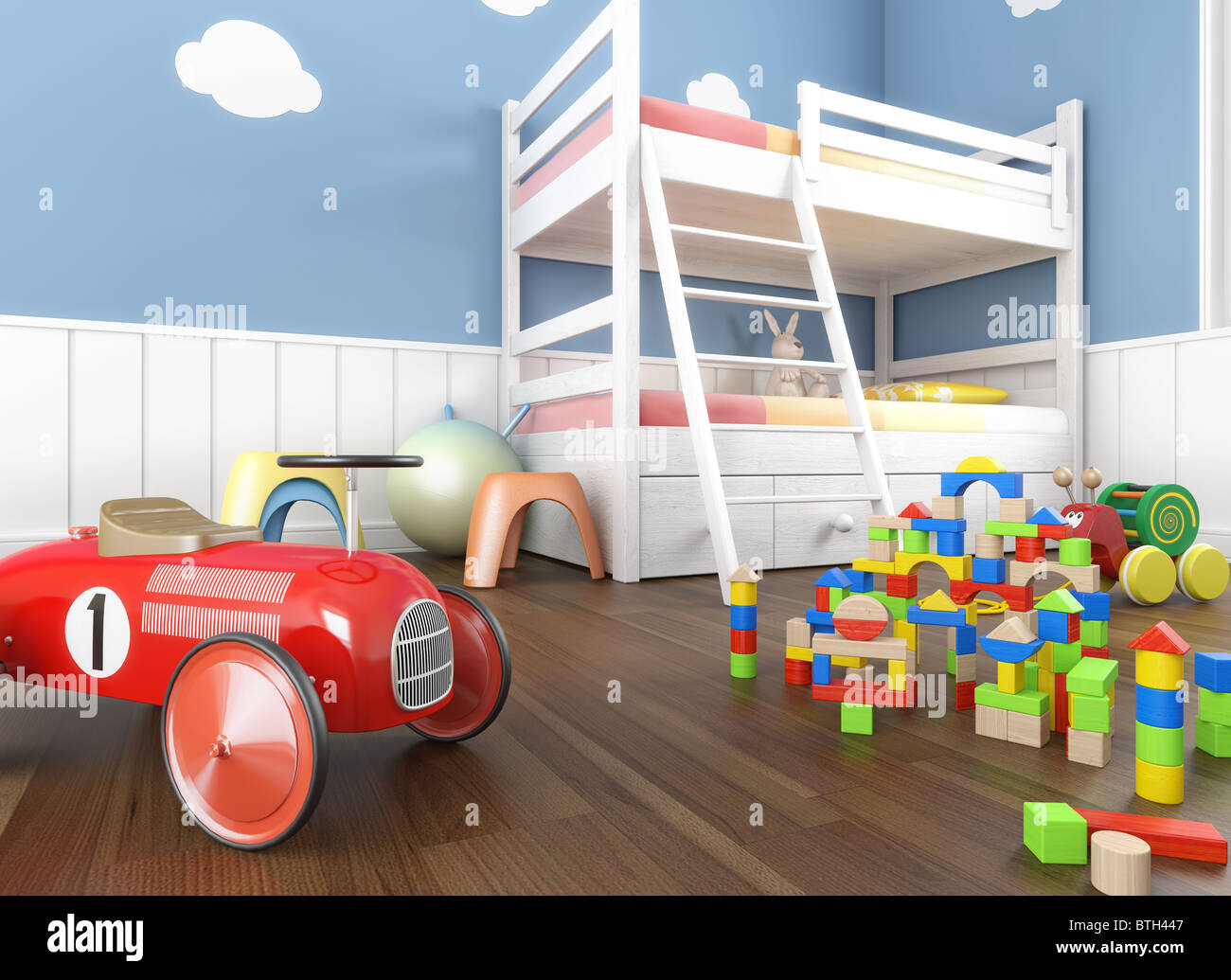 Kinder Zimmer in blauen Wänden mit Wurf und vielen Spielsachen im Vordergrund Stockfoto