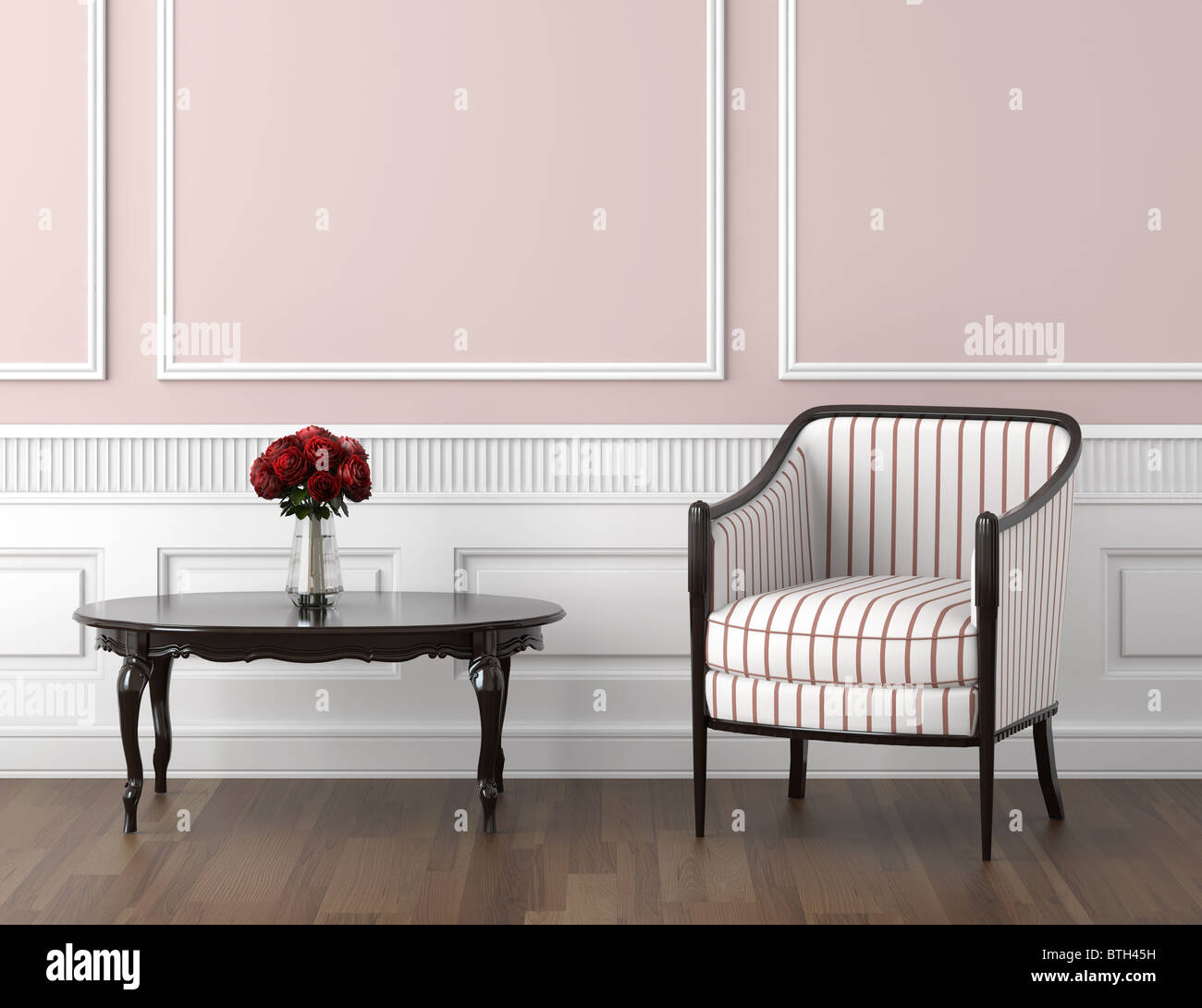 Interior Design der classic Zimmer in blass rosa und weißen Farben Stuhl Tisch mit Rosen, Textfreiraum auf obere Hälfte Stockfoto