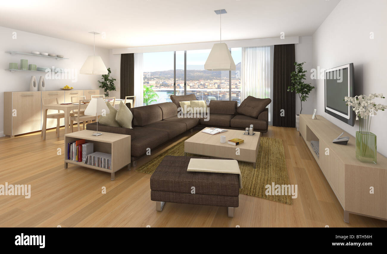 Interior Design-Szene von modernes Apartment mit Wohnzimmer und Esszimmer aus Holz und braunen Farben Stockfoto