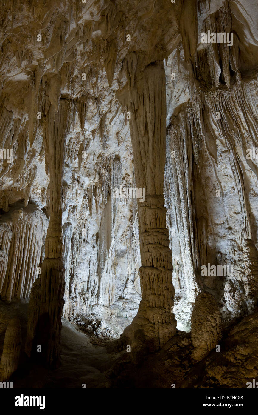 Stalaktiten und Stalagmiten in Carlsbad Caverns National Park im südlichen New Mexico, USA. Stockfoto