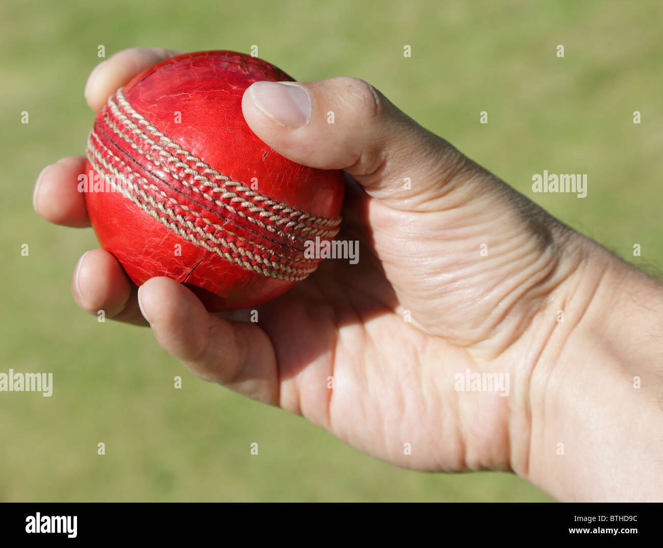 Kricket Bowler mit Ball in der hand Stockfoto