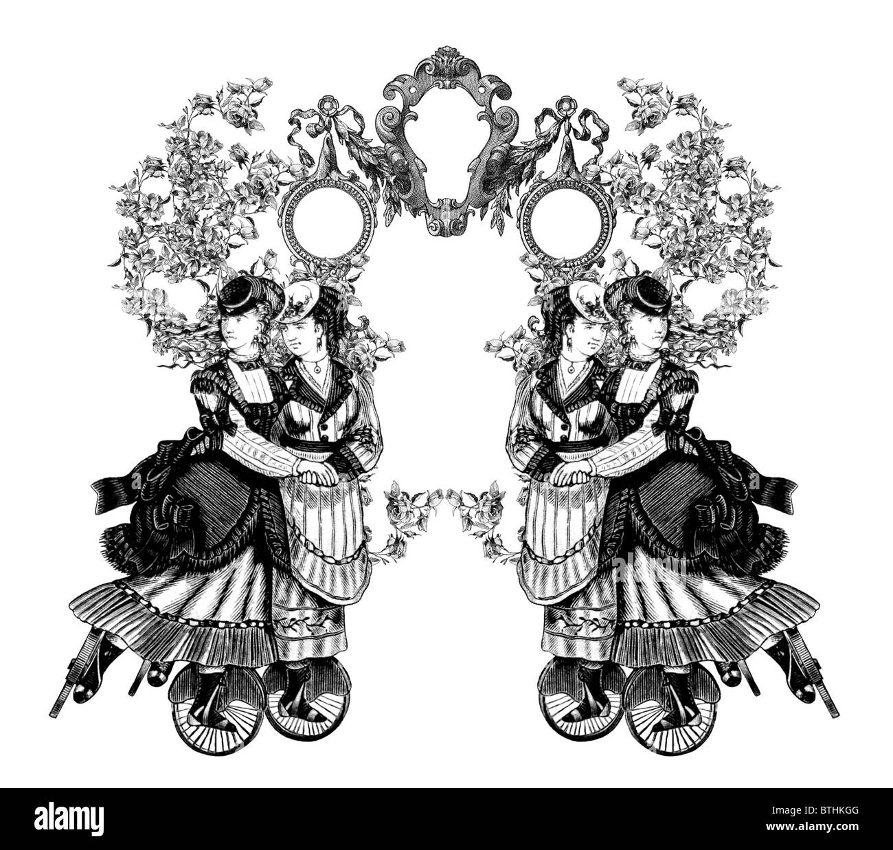 Luxuriös illustrierte alten viktorianischen Rahmen mit vier Frauen. Stockfoto