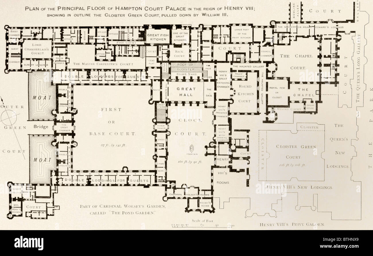 Planen der wichtigsten Etage des Hampton Court Palace, da war es während der Regierungszeit von König Henry VIII. Stockfoto