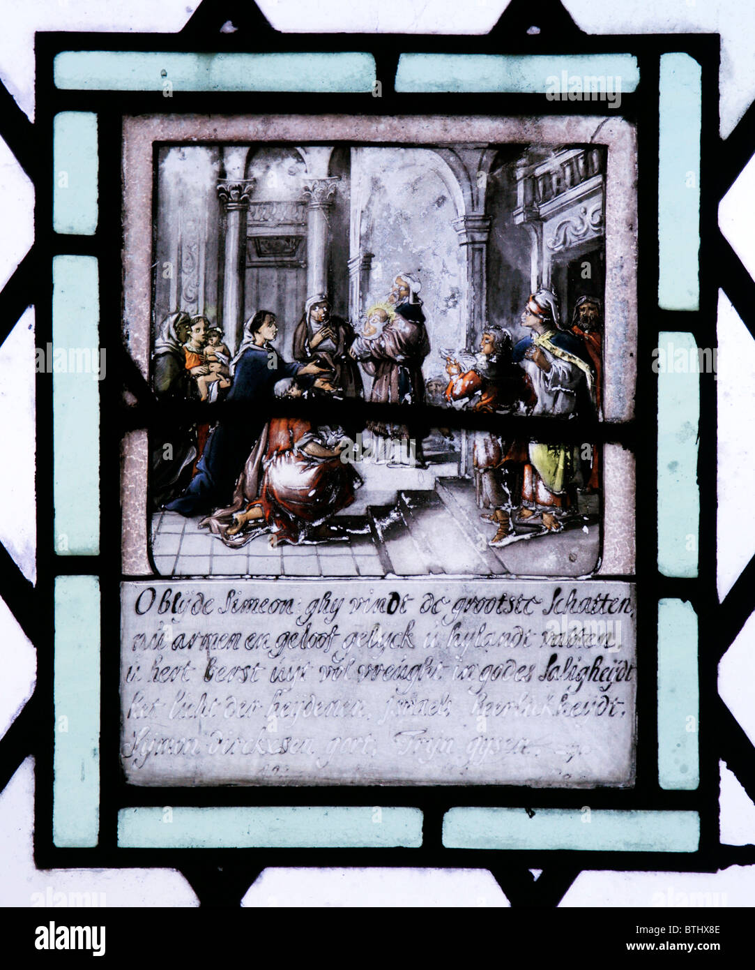 Ein Buntglasfenster mit Simeon segnete das Jesuskind im Tempel, flämischen Schule ca. 17. Jahrhundert gerechten Stockfoto