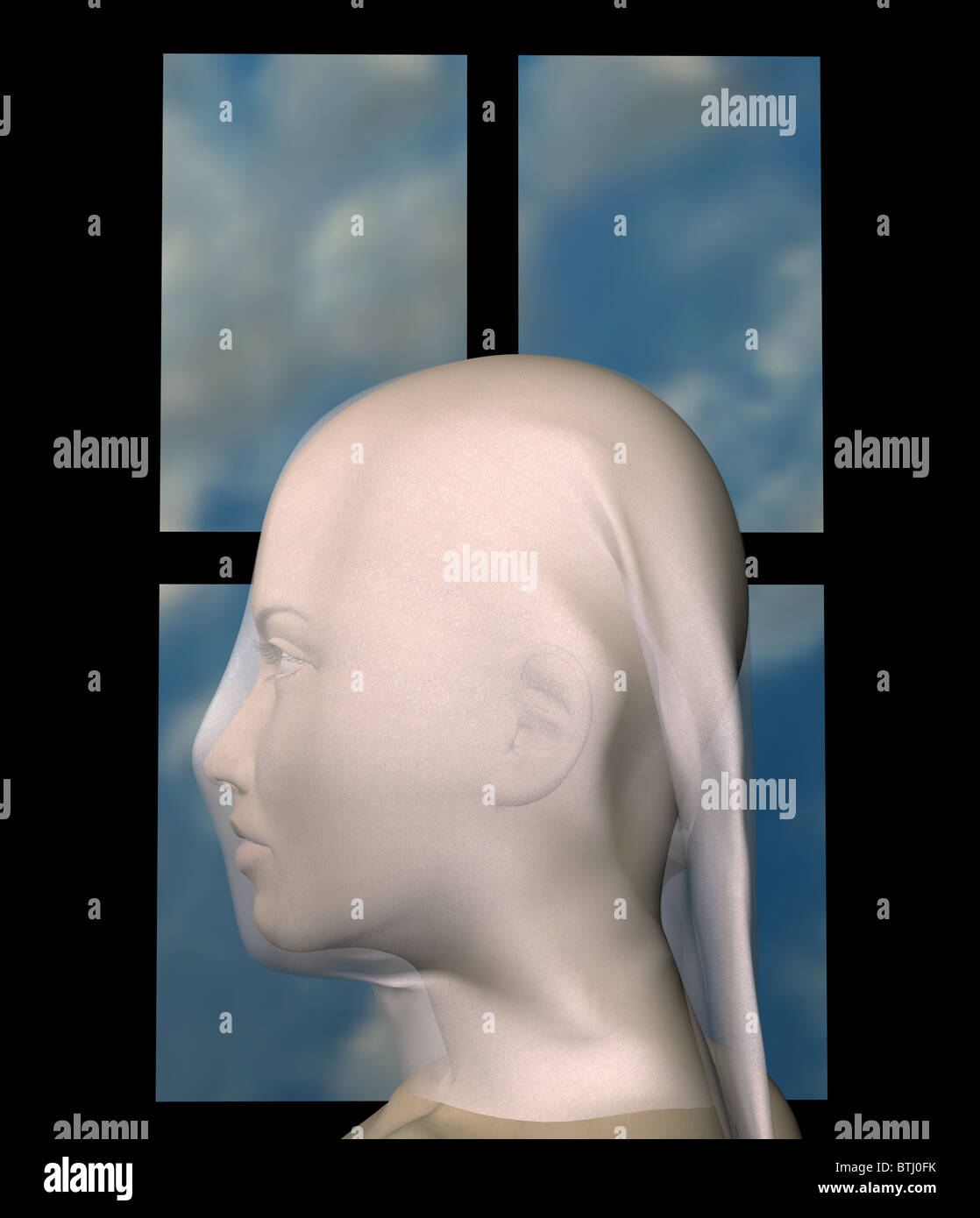 Frau mit weißen Tuch gegen blauen Himmel Fensterrahmen verschleiert. 3D Illustration. Stockfoto