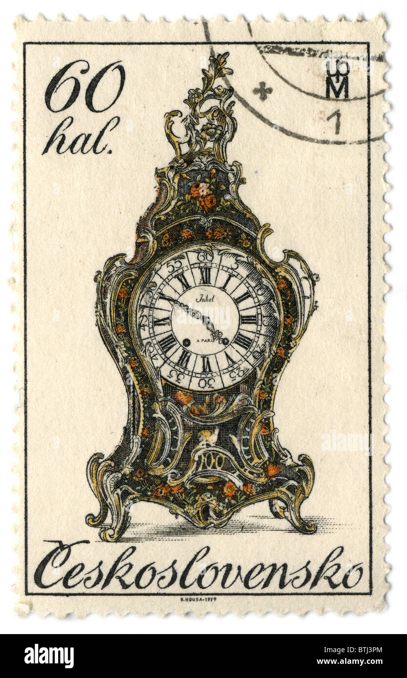 Tschechoslowakei - ca. 1979: Eine Briefmarke gedruckt in Tschechoslowakei zeigt Bild der Uhr, ca. 1979. Stockfoto