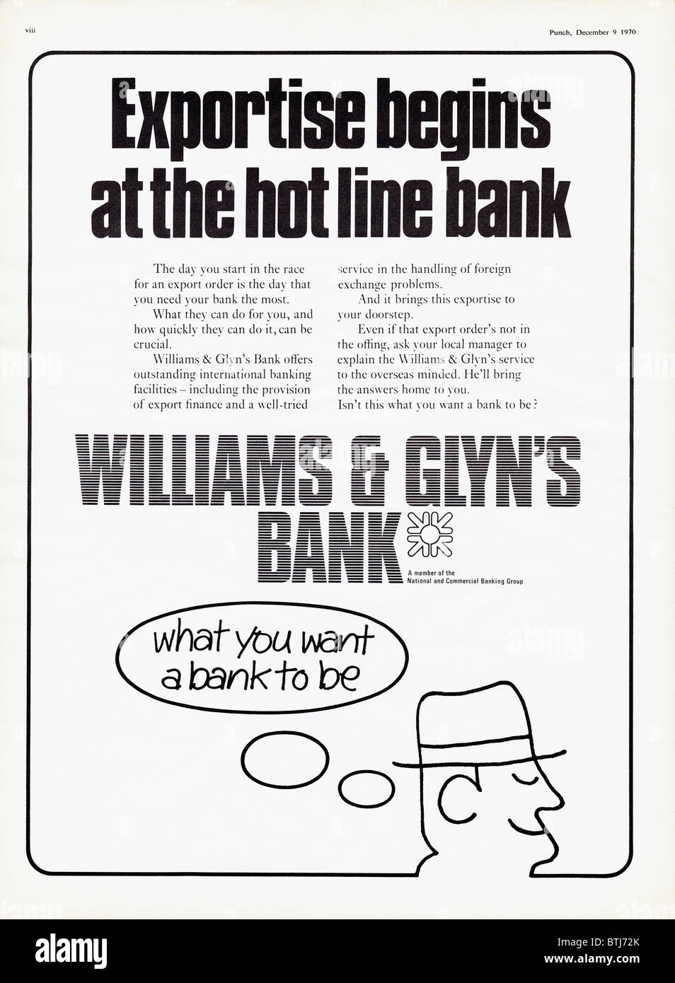 Werbung für Williams & Glyns Bank im Magazin um 1970 Stockfoto