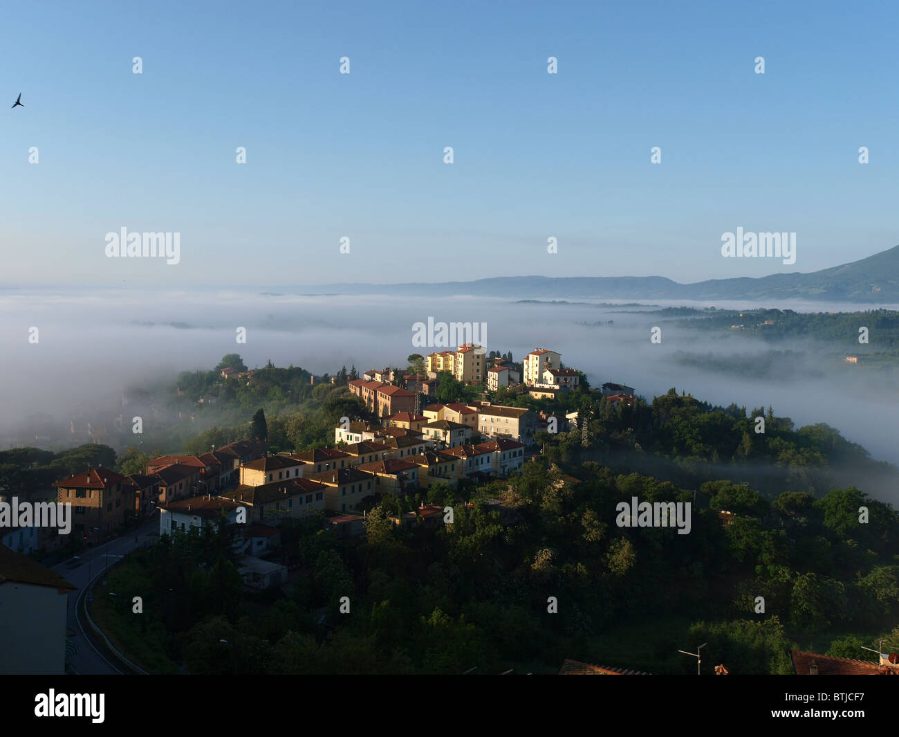 Fabelhafte Landschaft der nebligen Morgen in der Toskana. Das Tal zwischen Montepulciano und Chiusi Stockfoto