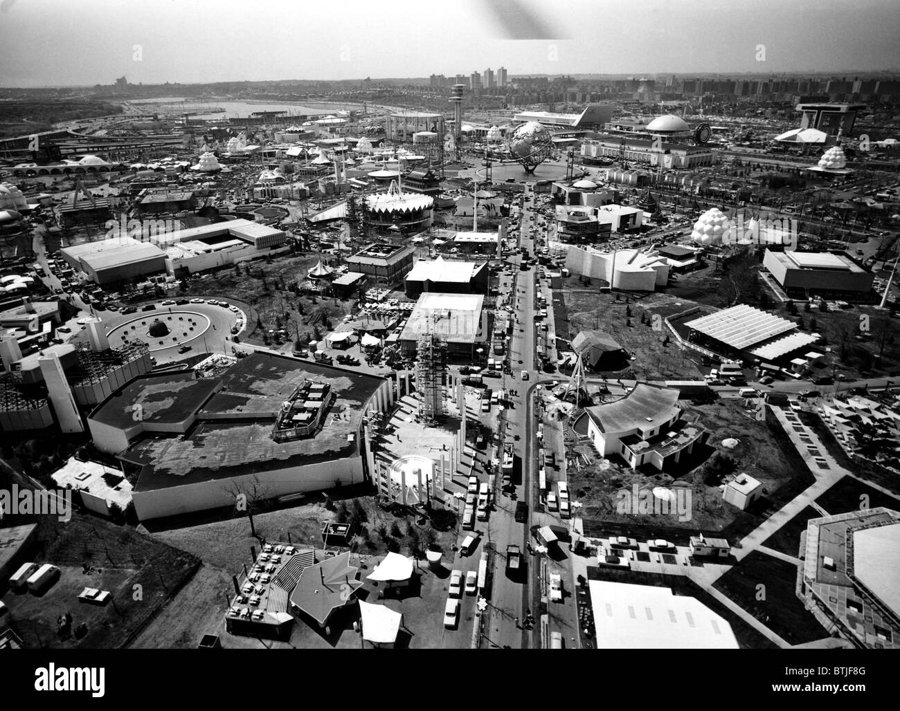 Luftaufnahme der New Yorker Weltausstellung, Flushing Meadows Park, Königinnen, 21. April 1964. Stockfoto