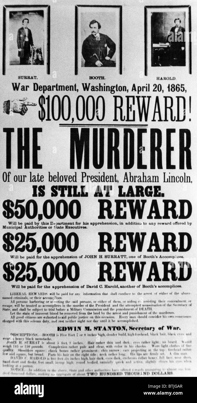 Steckbrief für John Surratt, John Wilkes Booth und David Herold, die beschuldigt wurden, an der Ermordung des Abraha Plotten Stockfoto