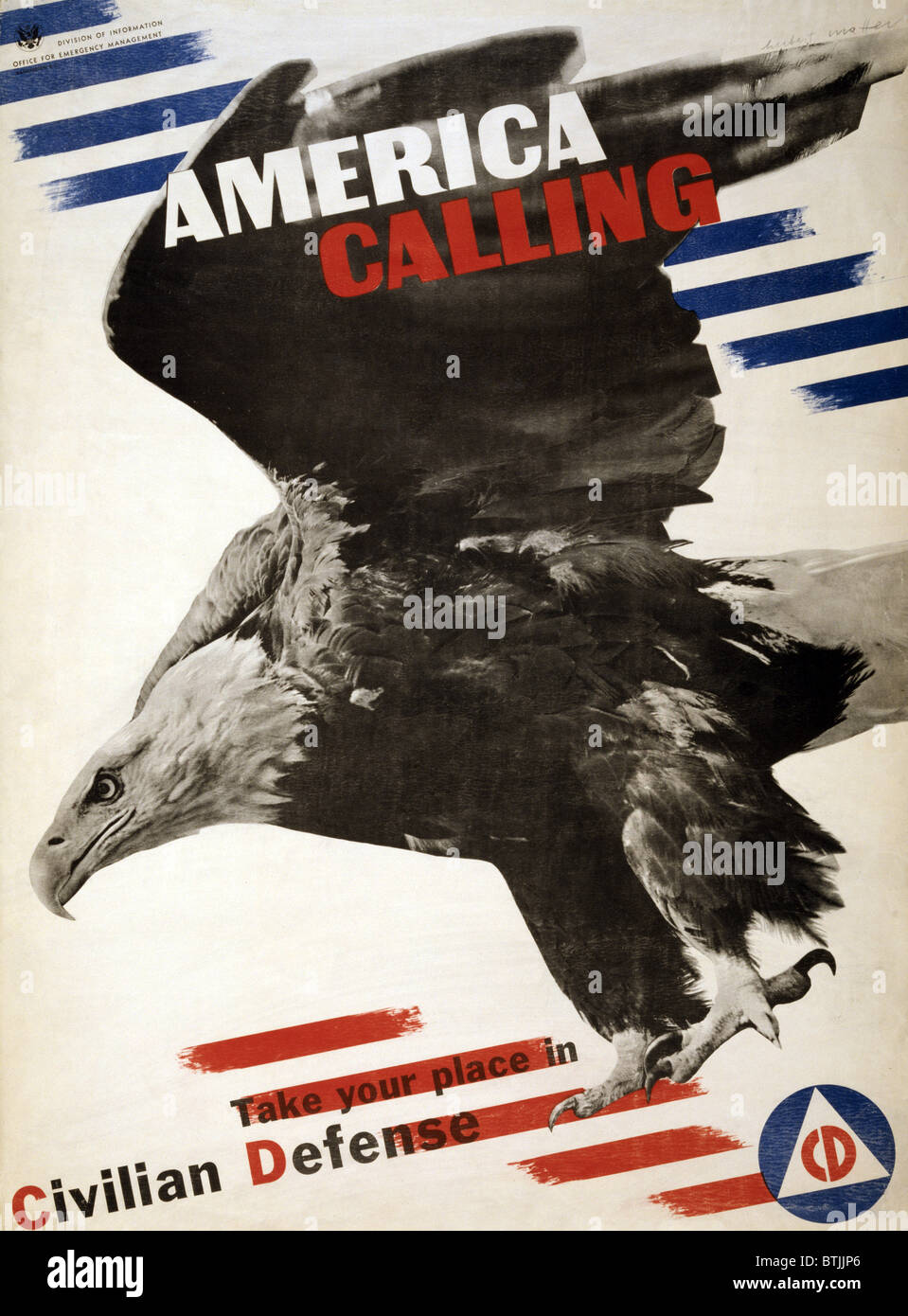 Zweiter Weltkrieg, "Amerika Calling". Zivilschutz Rekrutierung Plakat, c. 1942. Stockfoto