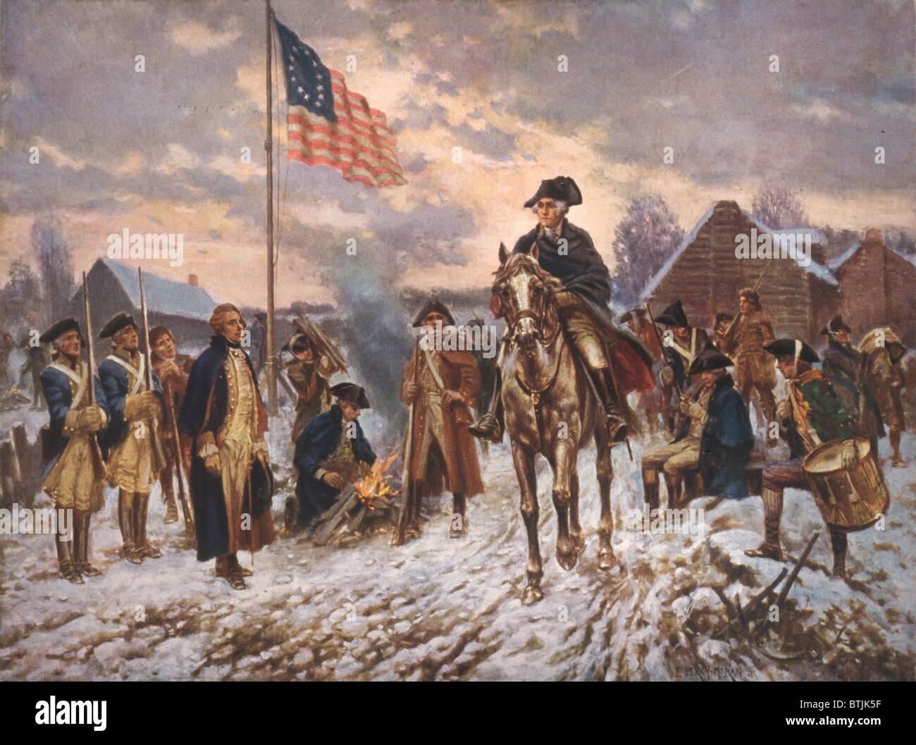 Die amerikanische Revolution, George Washington in Valley Forge, Präsident George Washington auf dem Rücken der Pferde im Schnee in Valley Forge, von Percy Moran, ca. 1911. Stockfoto