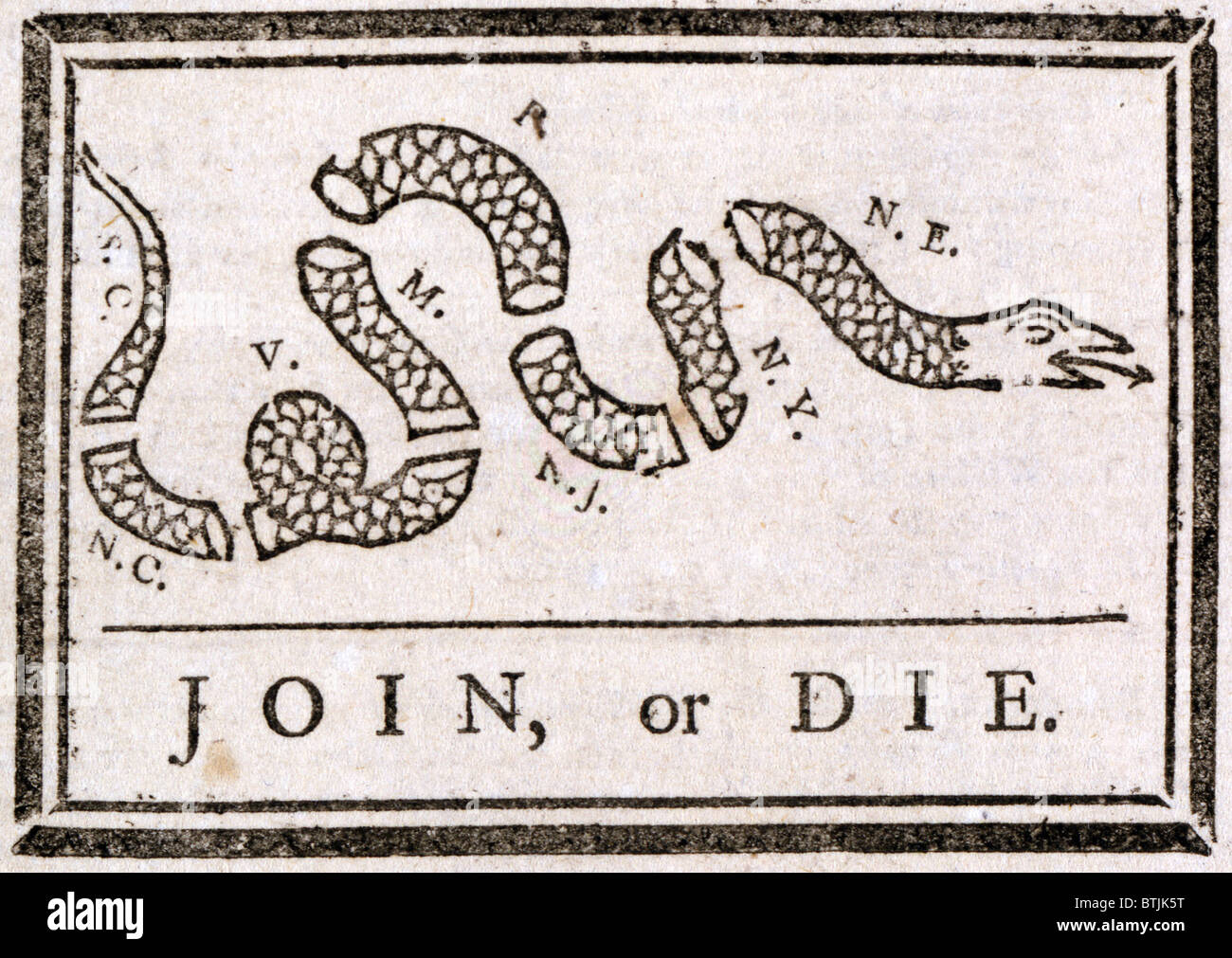 Die amerikanische Revolution, Join oder sterben, zeigt Benjamin Franklins Warnung an den britischen Kolonien in Amerika, "Join or die" auffordert, gegen die Franzosen und die Eingeborenen zu vereinen eine segmentierte Schlange von The Pennsylvania Gazette, Benjamin Franklin, ca. 1754. Stockfoto