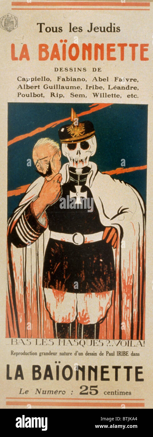 La Baionnette, eine satirische Wochenzeitschrift für französische Soldaten an der Front. Das Titelbild zeigt ein Skelett in einer deutschen Uniform hält eine Maske von Kaiser Wilhelm. Der Text lautet: Bas Les Masques?... Viola! Übersetzung: Runter mit den Masken? Da ist es!, Paris, 1916. Stockfoto