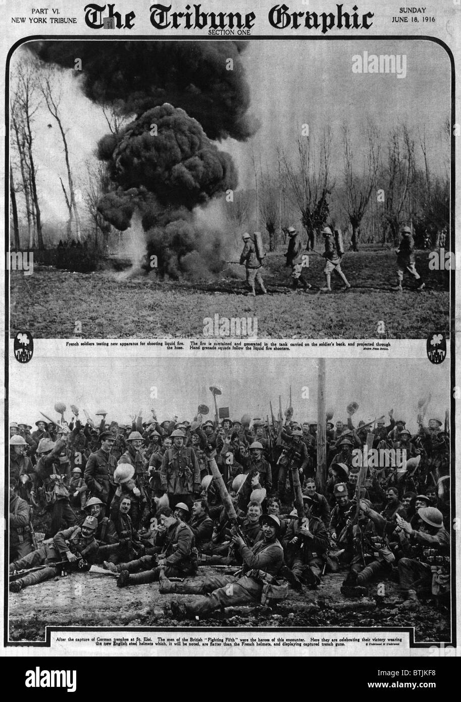 Weltkrieg, The Tribune Graphic top: "Französische Soldaten testen neue Vorrichtung zur Aufnahme von flüssigen Feuers", unten: britische Soldaten nach der Eroberung der deutschen Gräben bei St. Eloi, Frankreich, 18. Juni 1916. Stockfoto