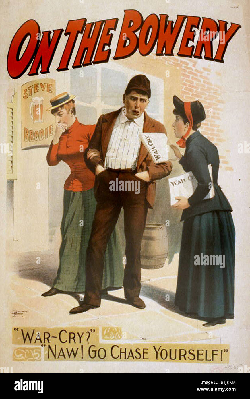 An der Bowery Heilsarmee "Soldat" Austeilen des Unternehmens Kriegsschrei Zeitung außerhalb Steve Brodies Taverne, New York City, The Strobridge Lith Co. Cinti & N.Y., der Text lautet: "Schlachtruf"? NAW! Gehen Sie sich jagen! " ca. 1890 s. Stockfoto