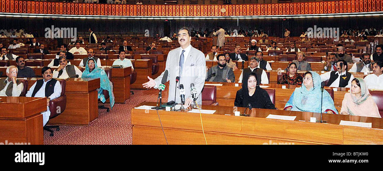 Herr Ministerpräsident, Adressen Syed Yousuf Raza Gillani Nationalversammlung Sitzung am Parliament House in Islamabad Stockfoto