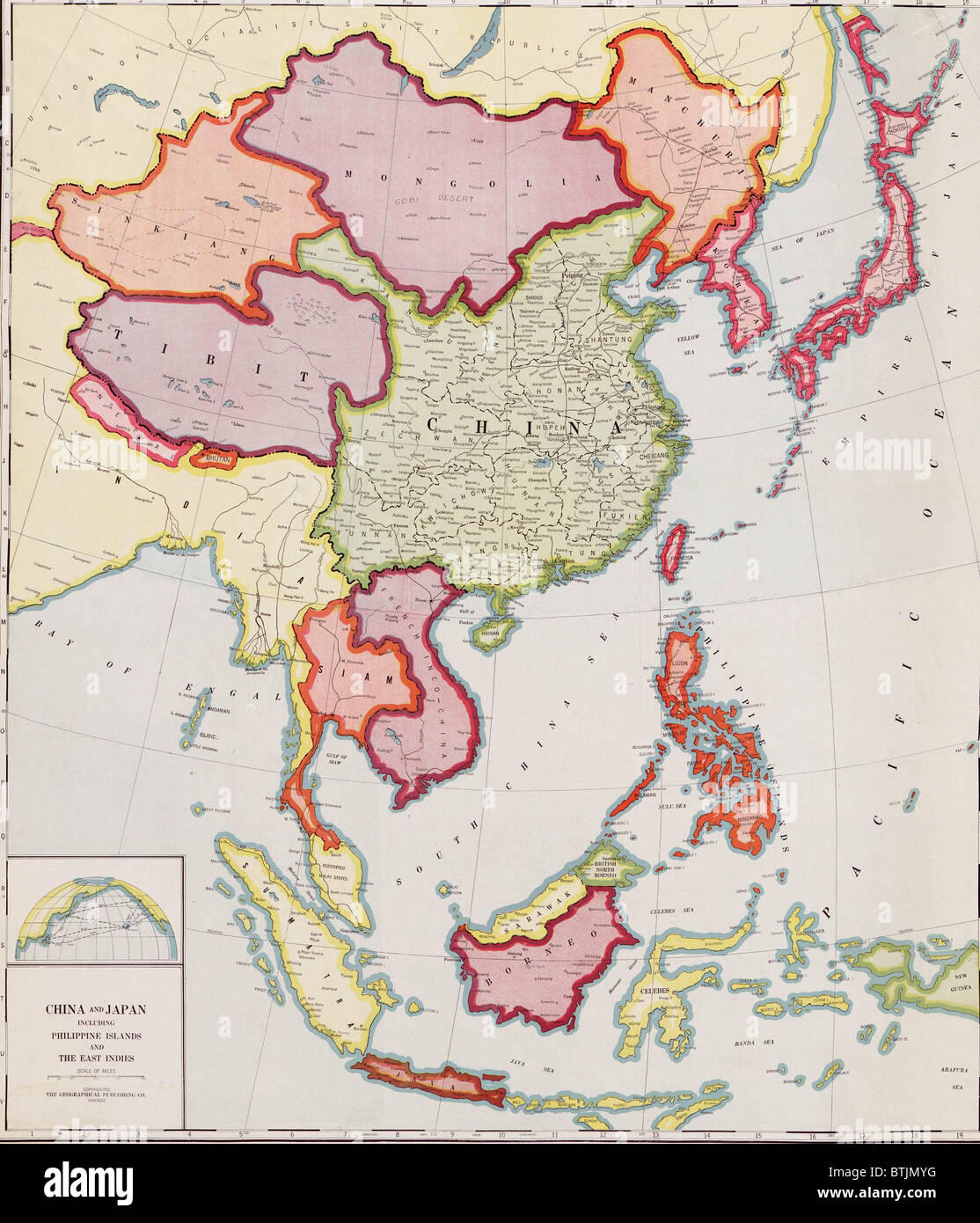 1932-Karte von Ostasien, zeigt Nationen, die Ziele der japanischen Expansion und Invasion im 